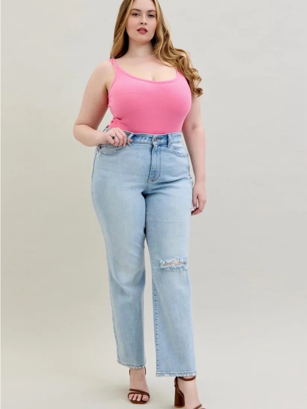 Judy Blue Light Blue Straight Leg Jeans with Knee Distress - Picture 8 of 10